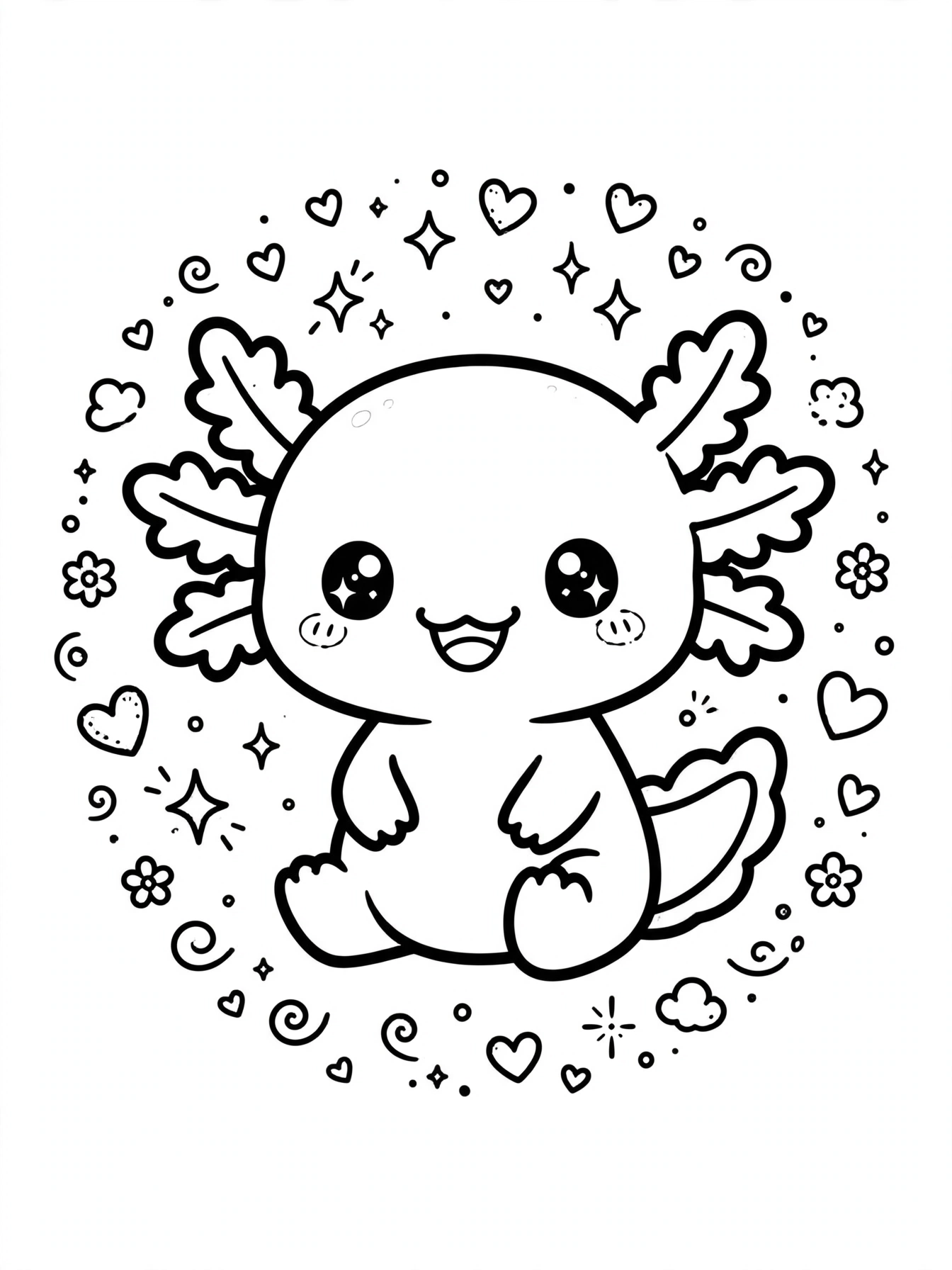 Kawaii Axolotl with Stars and Hearts Coloring Page